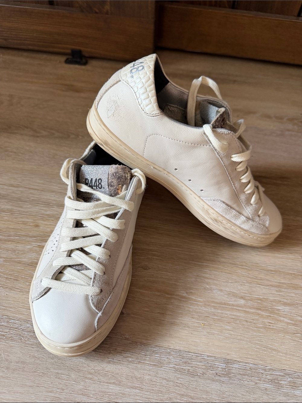 P448 Cream Low-Top Leather Sneakers for Women